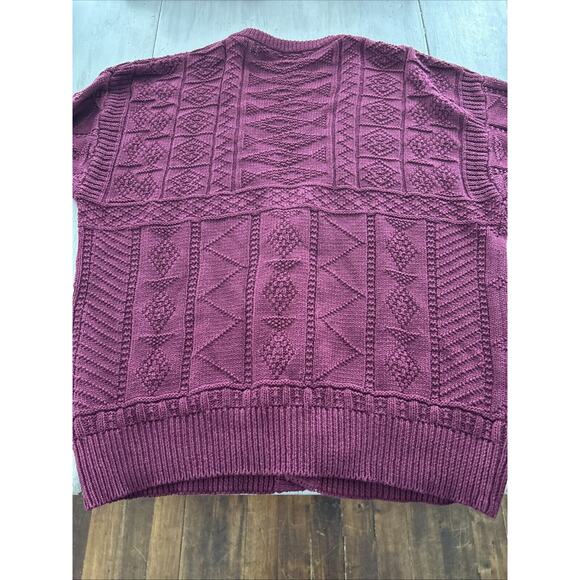 Vtg Structure Burgundy Cable Knit Fisherman Leather Buttons Cardigan Sz L 90s - Picture 8 of 10